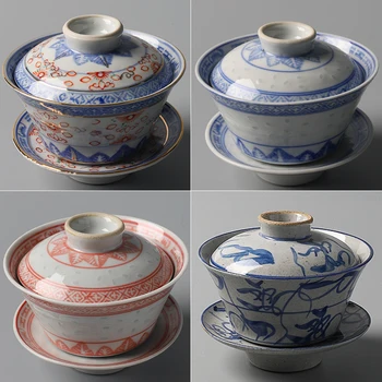 Jingdezhen top zece fabrica de porțelan vechi set de ceai clasic albastru și alb rafinat se adaugă capac de culoare castron