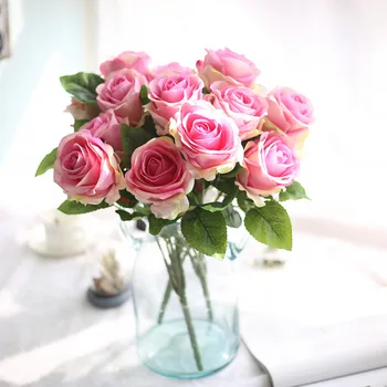 Realiste Cinci Cap de Floare Artificială Velvet Rose W/frunze pentru Mobilier Acasă Decorative Flori Buchet de Mireasa