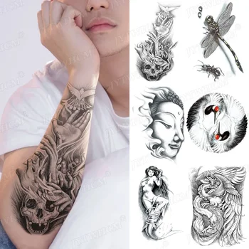 Negru Craniu Diavol Rău Autocolant Tatuaj Temporar Rezistent La Apa Flash Coadă De Pește Deget Fals Tatuaj Body Art Brațul Înapoi Decal Bărbați Femei