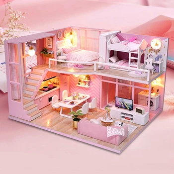 Noi Diy Casa Papusa Imitație Roz Serie Dormitor Jucării lucrate Manual, Jucarii din Lemn, Jucarii pentru Copii, Băieți Și Fete, Cadouri de Ziua Îndrăgostiților