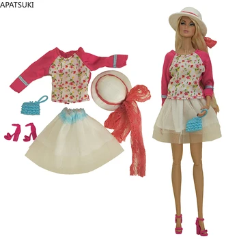 Roz Papusa de Moda Haine Pentru Barbie Vacanță Pălărie, Cămașă Fusta Geanta Pantofi Jucării pentru Papusa Barbie Haine Set 1/6 Papusi Accesorii