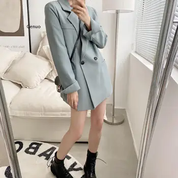 Toamna Solid de Culoare Albastru Elegant Sacou pentru Femei Sacou Femei Stil coreean Pierde V-neck Cardigan cu Maneca Lunga