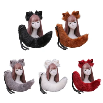 Simulare de Pluș Urechi de Pisică cu Bandă de susținere cu Culoare Solidă Flexibil Animal cu Blană, Coadă Lungă Set Kawaii Anime Cosplay Costum
