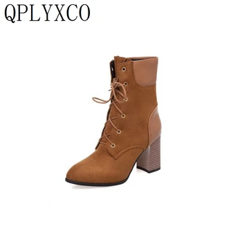 QPLYXCO mai mare dimensiune între 33 si 50 glezna cizme pentru femei scurte de Toamna iarna a Subliniat Deget de la picior mare heels8cm Petrecere de nunta pantofi de femeie T9-1