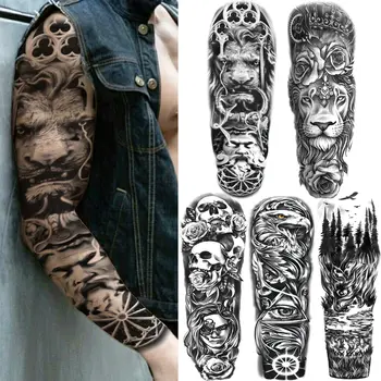 Dimensiuni Lung Dumnezeu Tatuaj Temporar Cu Maneci Pentru Barbati Femei Realist Fals Leu Flori Tatuaje Autocolant Negru Craniu Pădure Tattos Decal