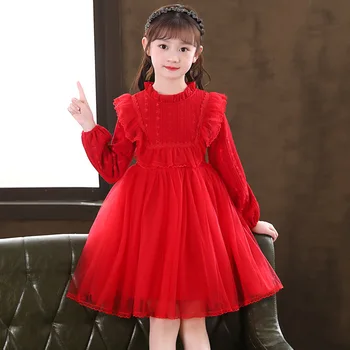 Coreeană Maneca Lunga Fete Toamna Rochie de Dantelă Roșie pentru Copii Princess Rochii Copilul Purta Copii mici De Doi Ani Pentru Primavara