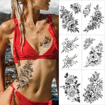Linii De Trandafiri Șarpe Flori Tatuaj Temporar Autocolant Pentru Barbati Femei Adulte Bujor Impermeabil Fals Henna Tatuaj Body Art Decal