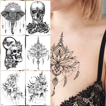 Henna Neagră Lotus Pene Temporare Tatuaje Pentru Femei Adulți Craniu Floare Trandafir Fals Sub Sânul Autocolant Tatuaj Piept Tatuaje Braț