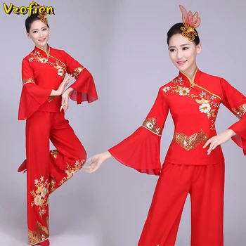 Vechi Hanfu Dans Roșu Dans Clasic Costum De Sex Feminin Fan Dance Umbrela Yangko Îmbrăcăminte Național De Dans Pătrat De Performanță