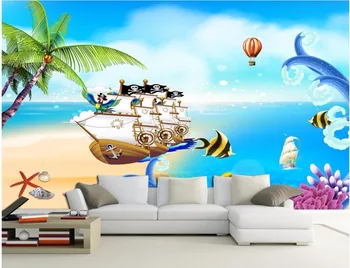 Cameră 3d wallpaer personalizate pictura murala desen Animat plaja nava pirat de nucă de cocos copac pictura fotografie tapet pentru pereți 3 d picturi murale