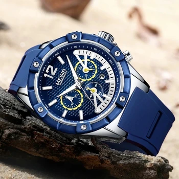 MEGIR Silikon Blau Quarz Uhren Männer Sus Marke Luxus Sport Handgelenk herren Uhr conexiunile de transport cu Cronograf Uhr Uhr Relogio S