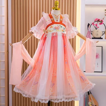 Costum Tang Hanfu Vara Fete Dress Antichitate 2023 Noi V-Neck Mozaic Flare Sleeve Ciucure pentru Copii Haine pentru Copii