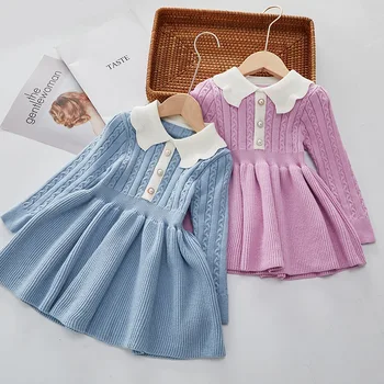 Fete Tricotate Rochie De Printesa Rochii Plisate Noi 2022 Toamna Iarna Copii Violet Albastru Casual Vestidos 2-6 Ani-Haine Copii