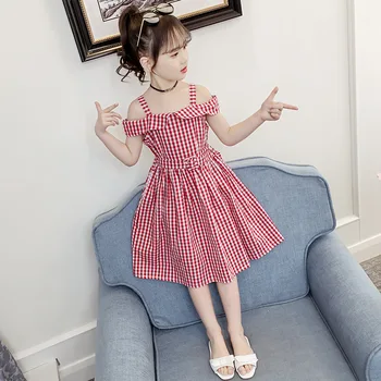 Vara 2020 Copilul Fete Carouri Rochie Haine de Înaltă Calitate pentru Copii coreean de Pe Umăr Curea din Bumbac Costum Printesa Rochii