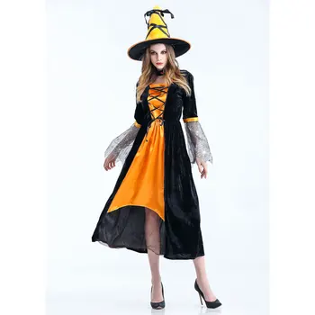 Halloween Purim Partidul Portocaliu Negru Mesh Femei Vrajitoare Costume Pentru Adulti Vrajitoare Costum Cosplay Rochii Lungi, Pălărie
