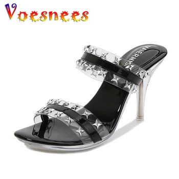 Voesnees Sexy Negru Pantofi de Partid Femei Sandale 8cm Tocuri Subtiri Cristal Transparent Stralucitor Sandale cu toc Înalt Nituri Roman Pantofi