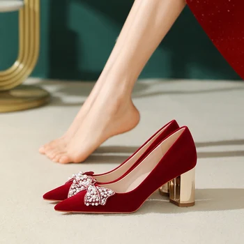 Toc Gros Nunta Vara Chinez De Sex Feminin Pantofi De Mireasa Vin Roșu De Piele De Căprioară De Înaltă Tocuri Bowknot Femeile Gravide Perla Pantofi