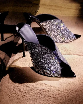 Polka Dot Cristal Design Coajă Stilet Tocuri Sandale Gol Papuci Femei Elegante Jeleu Subliniat În Formă De Evantai Stras Pantofi