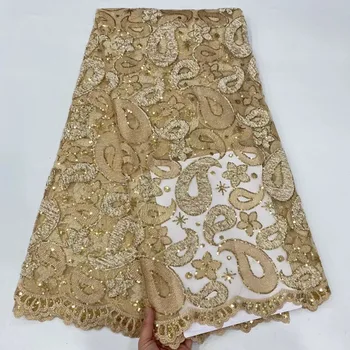 (5yards/pc) cele mai Recente de aur franceză net dantela brodata Africane tul dantela tesatura cu paiete de înaltă calitate pentru rochie de petrecere FFZZ142