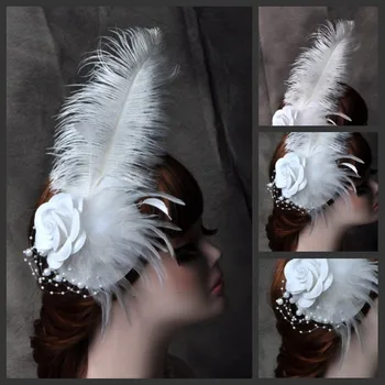 Mireasa cu Pene de Extensie de Păr Alb Pălării de Nunta Petrecere Fascinator Perle Mireasa Pălării cu Pene de Flori cu Femei Ac de păr Clip de Păr