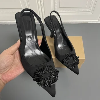 Vara Pantofi pentru Femei Negru Superficial Curea Elastica Munca de Birou Stiletto Stras Subliniat Toe Tocuri inalte Catâri Doamnelor Sandale