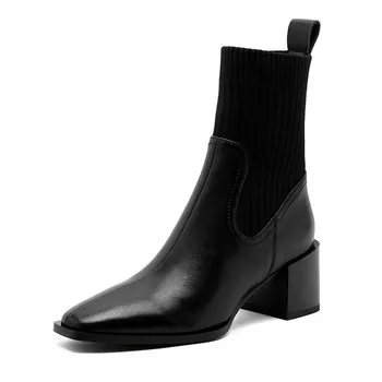 Femei Cizme Glezna Vacă din Piele cu Tricotat Lână 2022 Negru 6cm Toc Bloc de Designer de Calitate Doamnă cu Sireturi de Pantofi Marime Mare 10