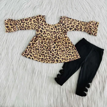 copilul de Iarna Copii fete de moda leopard print ruffle top tunica Boutique Bumbac pantaloni drepte Purta RTS 2 buc set haine