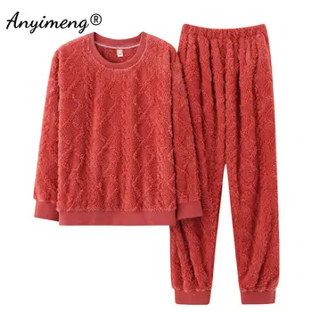 Noi de Iarna M-3XL Gros Cald Pijamale pentru Femei Pluș Moale Jacquard Țese Roșu Homewear Casual, Guler Rotund Pijamale pentru Fete